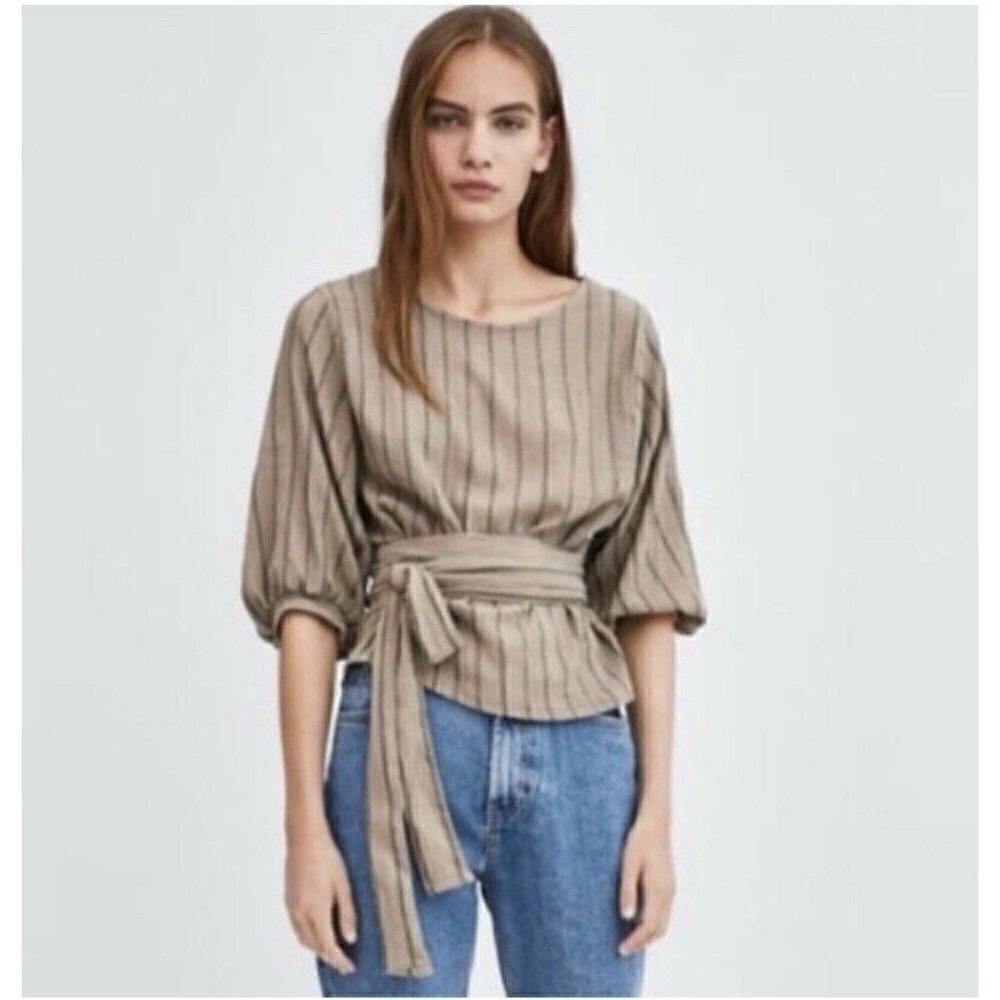 Zara Top Womens Medium Neutal Striped Rustic Waist Tie Muslin Gauzy Boho Peasant